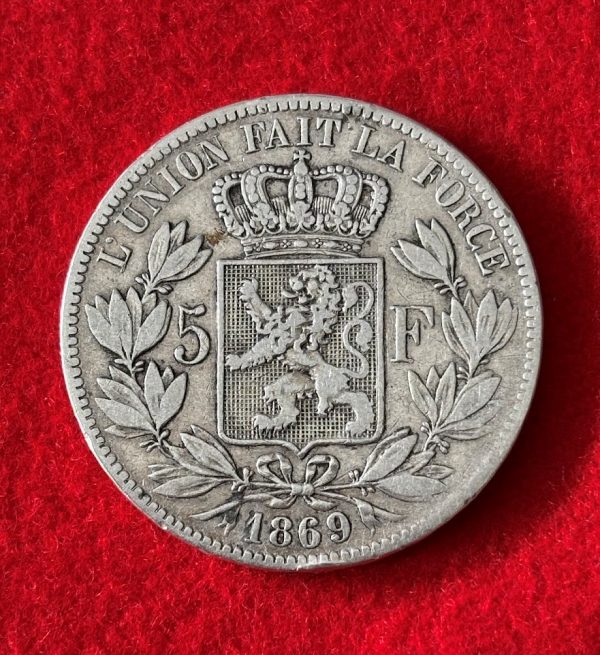 BELGIUM 5 Francs Léopold II 1869